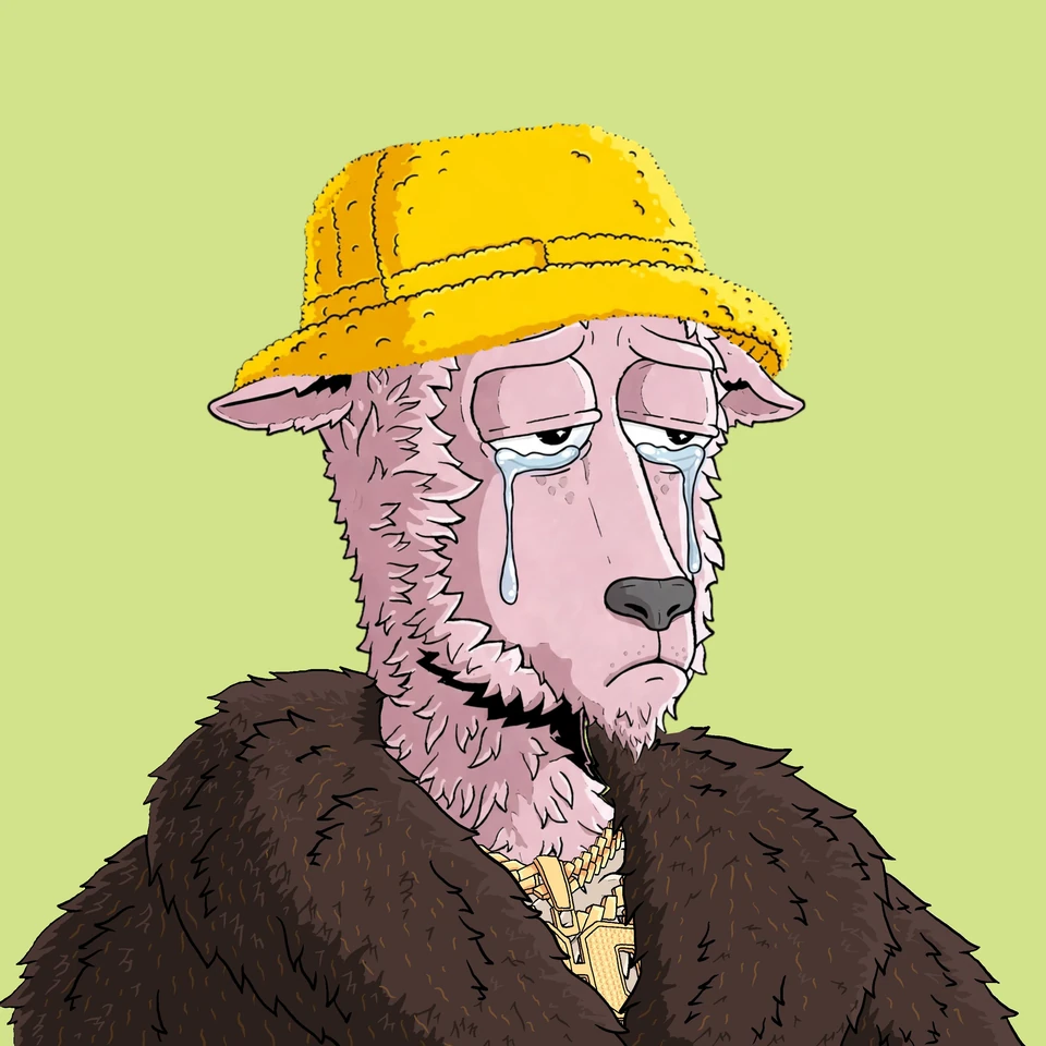 A teary-eyed pink g00t wearing a yellow bucket hat, a dark furry coat, and gold necklaces.