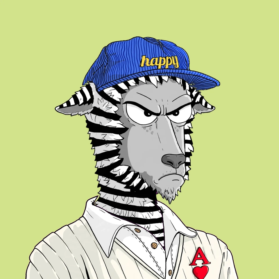 A black-and-white striped g00t with a stern expression, a blue happy cap, and a cream shirt.